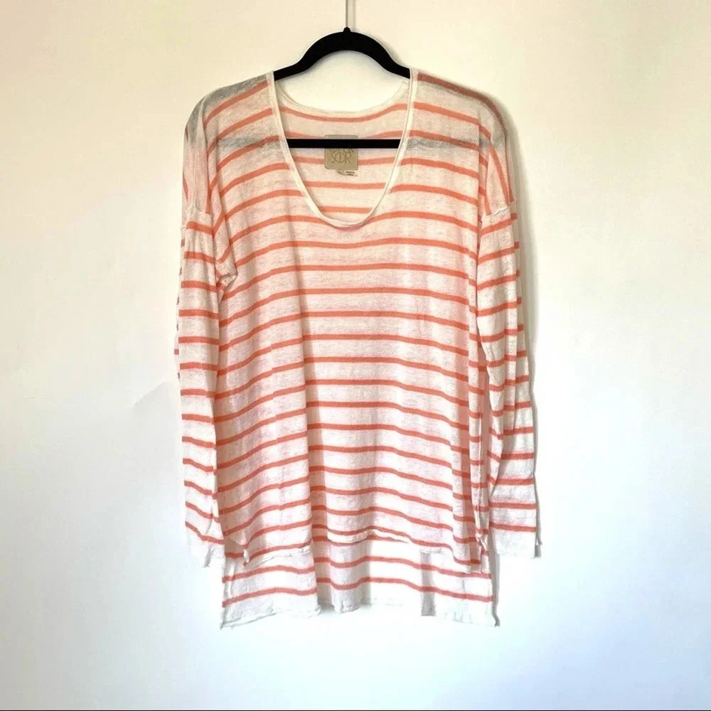 Chaser Linen Stripe Scoop Neck Long Sleeve Sz L